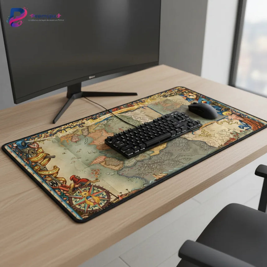 Tapis de Souris The Witcher - Édition Carte du Continent - XXL sur un bureau avec un clavier et une souris
