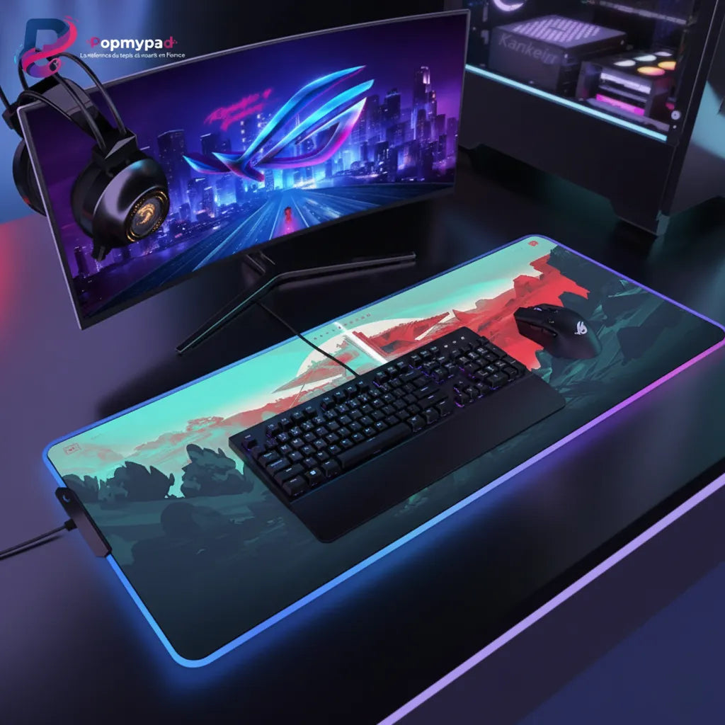 Tapis de Souris Valorant XXL - Édition Silhouettes Agents & Landscape Esport avec clavier et écran de jeu.