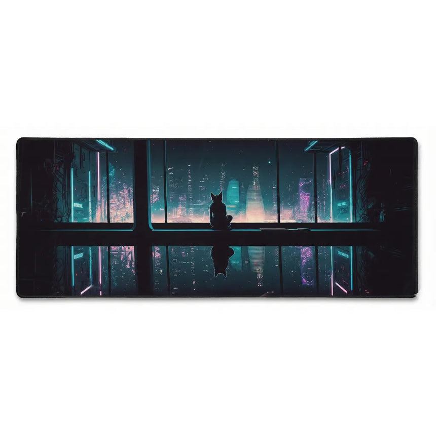 XXL Cat Mouse Pad - Cyberpunk Horizon & Contemplative Cat Edition