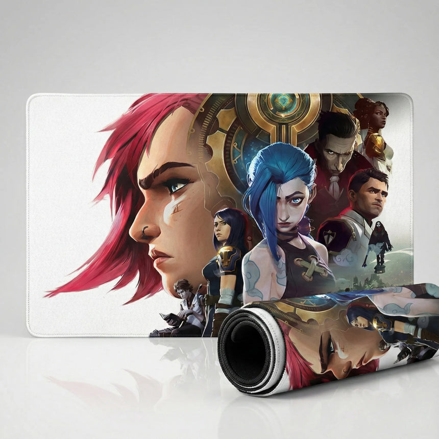 Tapis de Souris XXL Arcane - Édition Limitée League of Legends Jinx & Vi avec personnages emblématiques de la série.