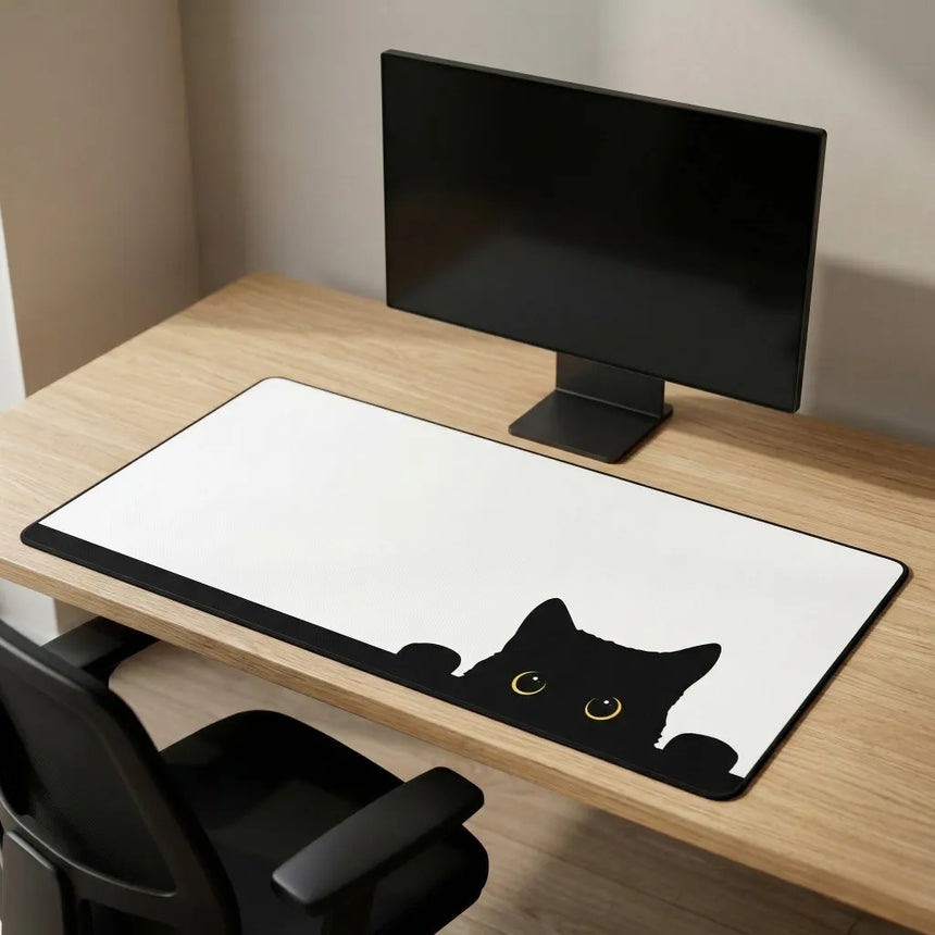 XXL Mouse Pad with Curious Cat Design - Premium Black & White Finish