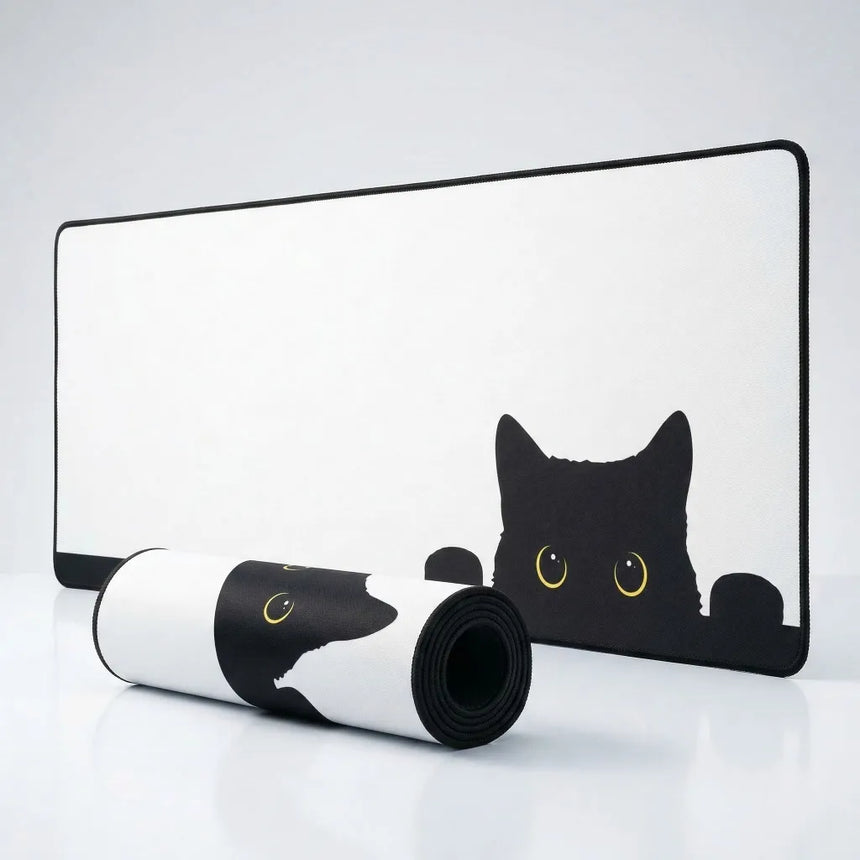 XXL Mouse Pad with Curious Cat Design - Premium Black & White Finish