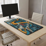 Tapis de Souris XXL Dragon Japonais - Édition Légendaire Bleu & Ocre sur un bureau moderne avec ordinateur.