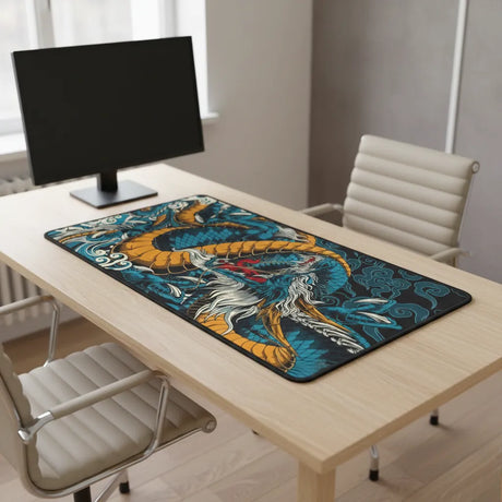 Tapis de Souris XXL Dragon Japonais - Édition Légendaire Bleu & Ocre sur un bureau moderne avec ordinateur.