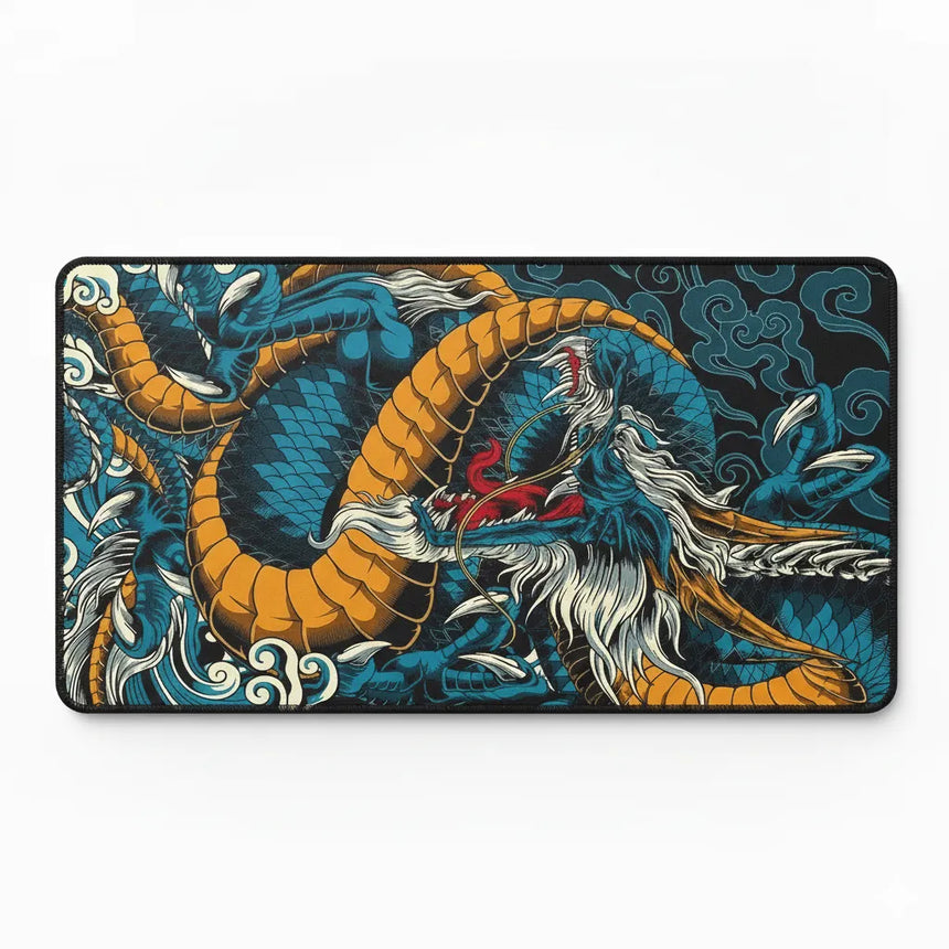 Tapis de Souris XXL Dragon Japonais - Édition Légendaire Bleu & Ocre avec design de dragon japonais.