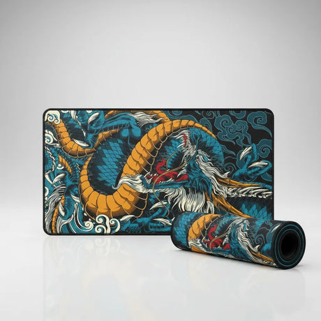 Tapis de Souris XXL Dragon Japonais - Édition Légendaire Bleu & Ocre avec design de dragon majestueux.