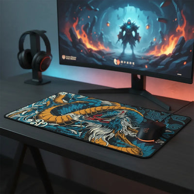 XXL Japanese Dragon Mouse Pad - Legendary Edition Blue & Ochre