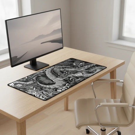 Tapis de Souris XXL Dragon Japonais - Édition Monochrome Impériale sur un bureau moderne avec un écran.