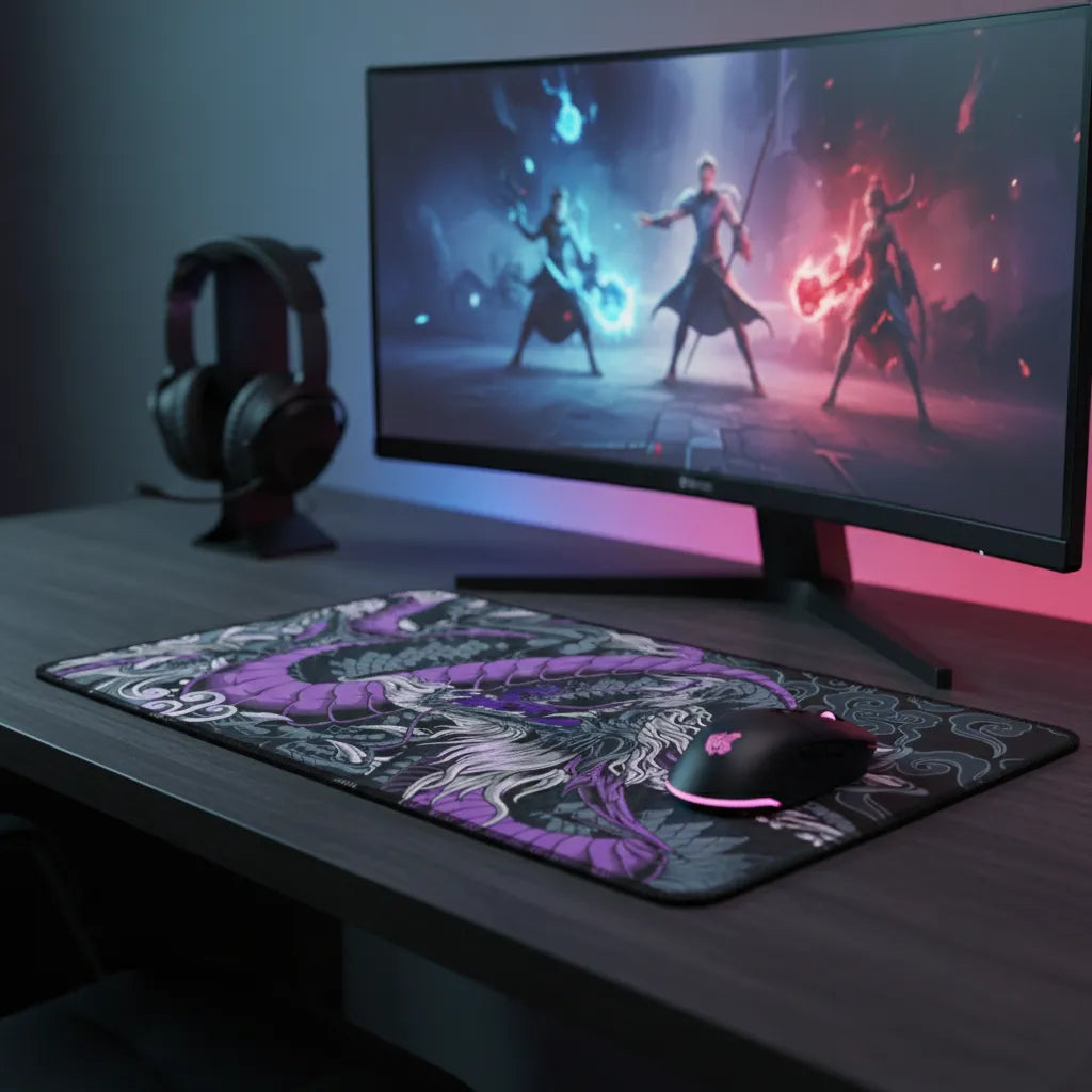 Tapis de Souris XXL Dragon Japonais - Edition Mystic Purple sur un bureau avec un écran de jeu.
