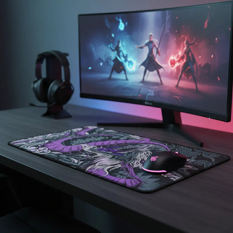 Tapis de Souris XXL Dragon Japonais - Edition Mystic Purple sur un bureau avec un écran de jeu.