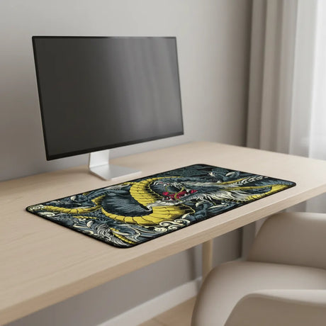 Tapis de Souris XXL Dragon Japonais - Édition Ryu Gold & Black sur un bureau moderne avec un ordinateur.