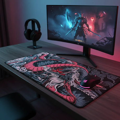 Tapis de Souris XXL Dragon Japonais - Édition Ryu Ocre & Charcoal sur un bureau avec un écran de jeu.