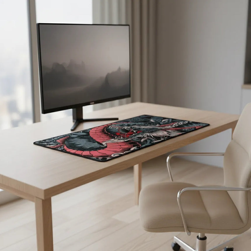 Tapis de Souris XXL Dragon Japonais - Édition Ryu Ocre & Charcoal sur un bureau moderne avec un écran.