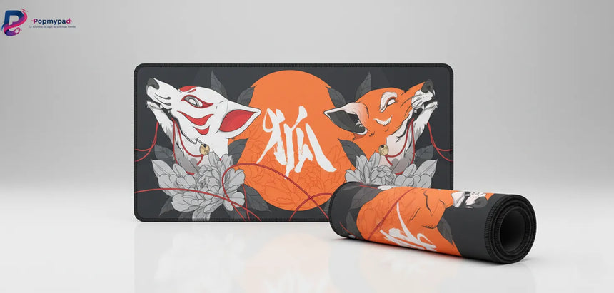 Tapis de Souris XXL Kitsune - Design Japonais Zen & Minimaliste avec renards et soleil levant