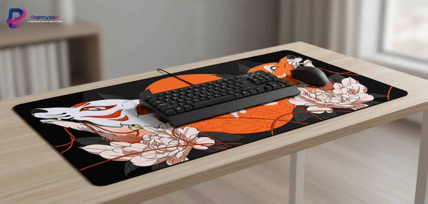 Tapis de Souris XXL Kitsune - Design Japonais Zen & Minimaliste avec renards et fleurs sur bureau en bois.