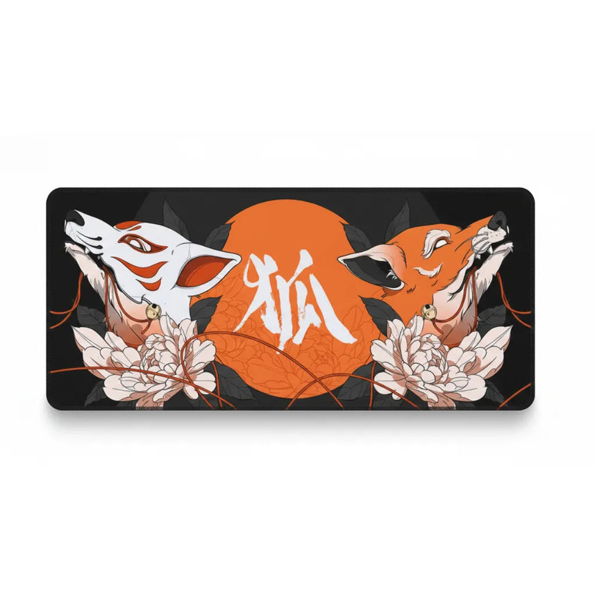 Tapis de Souris XXL Kitsune - Design Japonais Zen & Minimaliste avec renards et soleil levant.
