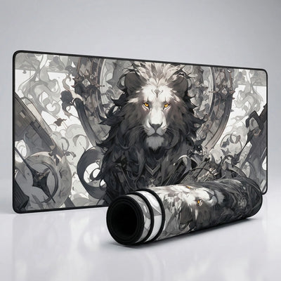 XXL Steampunk Mechanical Lion Mouse Pad - Monochrome Art