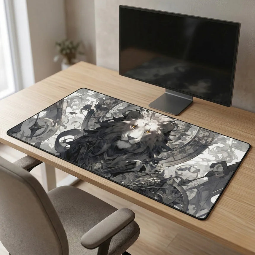 XXL Steampunk Mechanical Lion Mouse Pad - Monochrome Art
