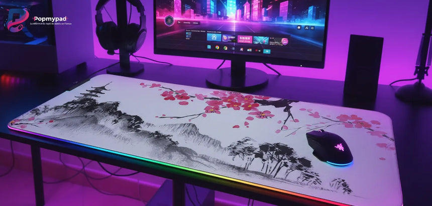 XXL RGB Mouse Pad - Zen Japanese Design: Sakura & Pagoda