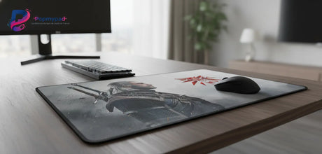 Tapis de Souris XXL The Witcher 3 - Édition "Légendes du Continent" sur un bureau avec souris et clavier.