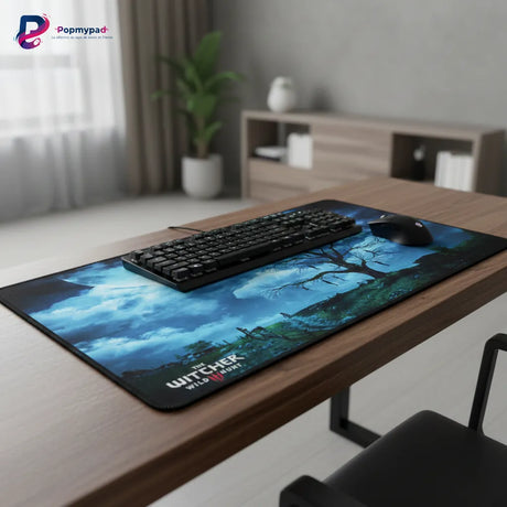 Tapis de Souris XXL The Witcher 3 - Édition Sous la Lune de Velen sur un bureau avec clavier et souris.