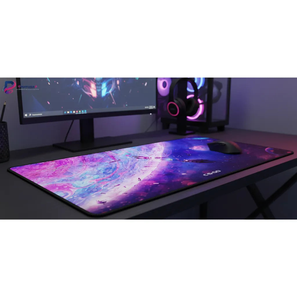 Tapis de souris CS:GO Edition Interstellar - Précision Cosmique & Glisse Ultime sur un bureau avec écran de gaming.