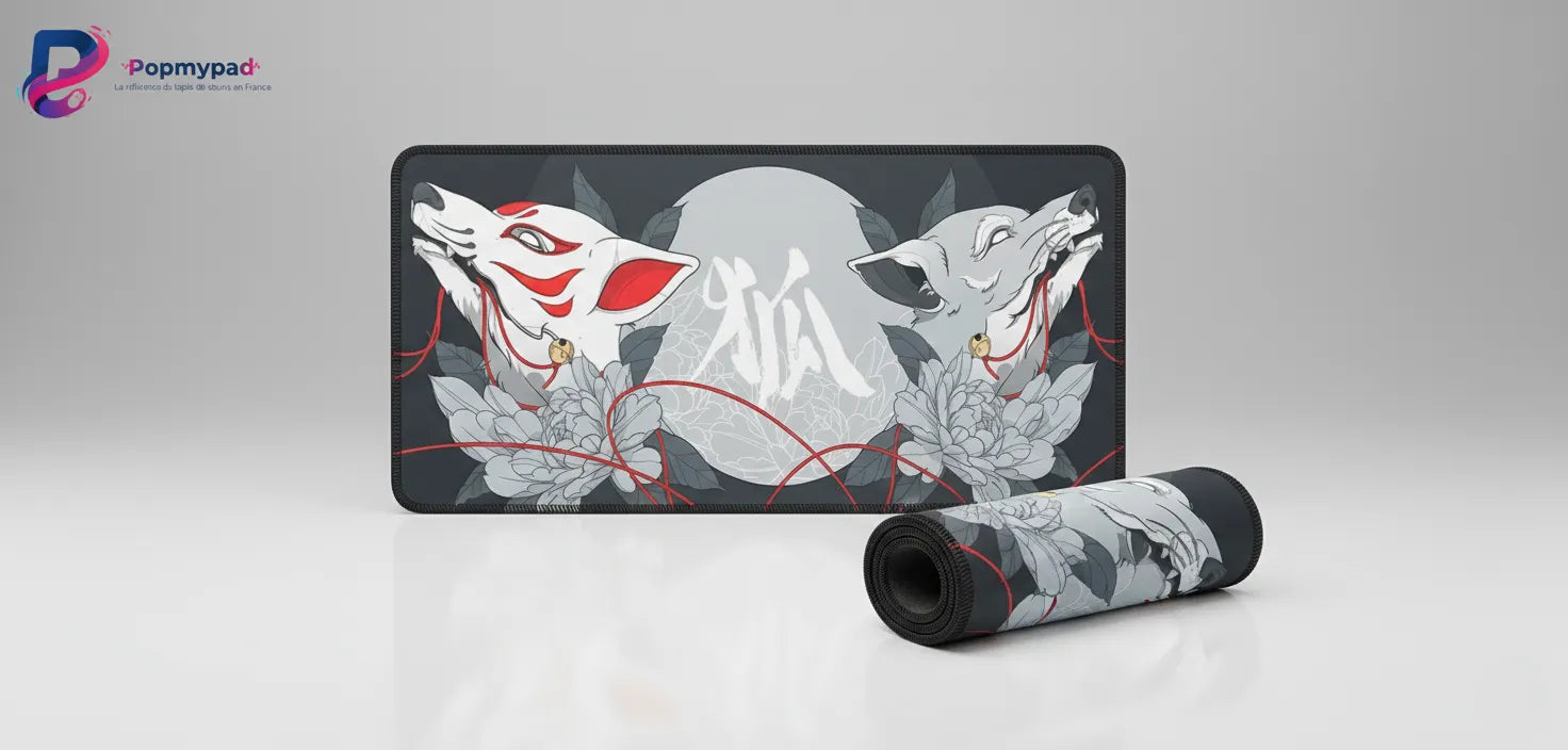 Tapis de souris Design Kitsune Japonais - Sérénité Zen & Minimaliste avec motifs Kitsune harmonieux.