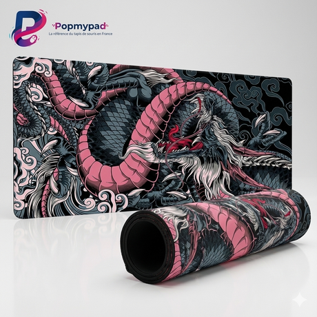 Tapis de Souris XXL Dragon Japonais - Rose & Anthracite avec illustration détaillée de dragon serpentin.