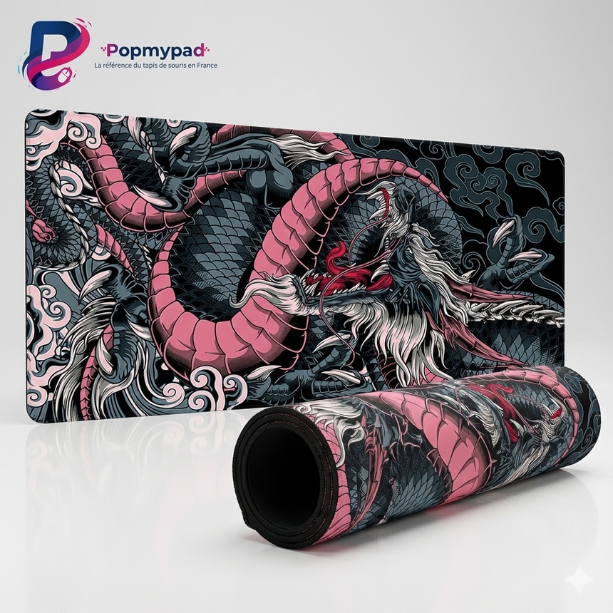 Tapis de Souris XXL Dragon Japonais - Rose & Anthracite avec illustration détaillée de dragon serpentin.