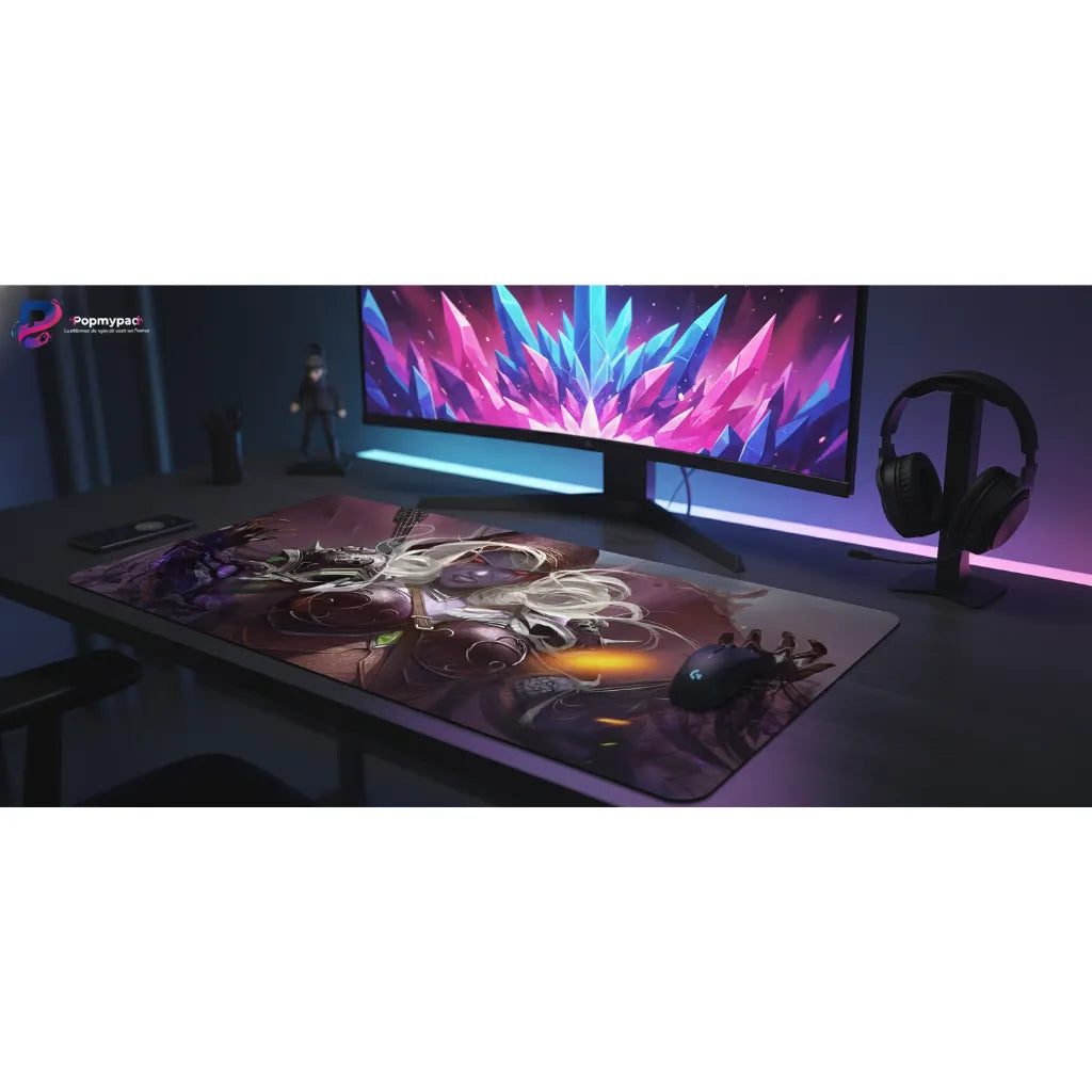 Tapis de souris Gamer Sylvanas Coursevent - World of Warcraft Edition avec illustrations épiques sur un bureau gamer.