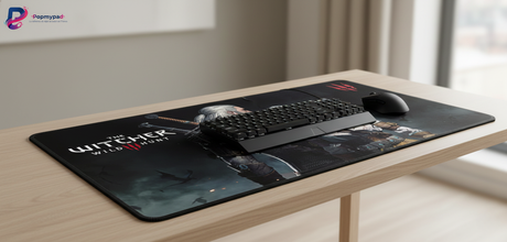 Tapis de souris Gamer XXL The Witcher 3 - Édition "Destinée du Sorceleur" avec clavier et souris sur bureau.