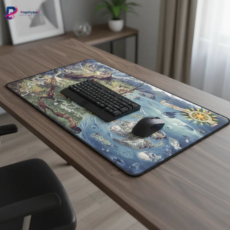 Tapis de souris Gamer XXL The Witcher 3 - Édition Master Setup sur un bureau avec clavier et souris.