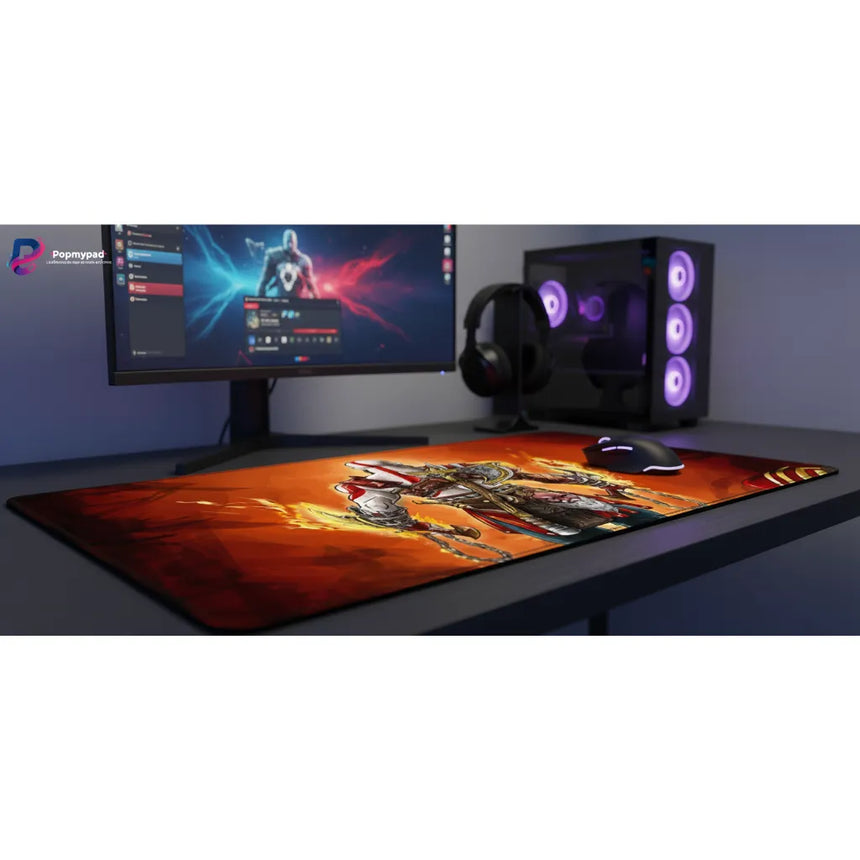 Tapis de souris Gaming God of War - Édition Kratos : La Rage de Sparte sur un bureau avec un PC et écran de jeu.