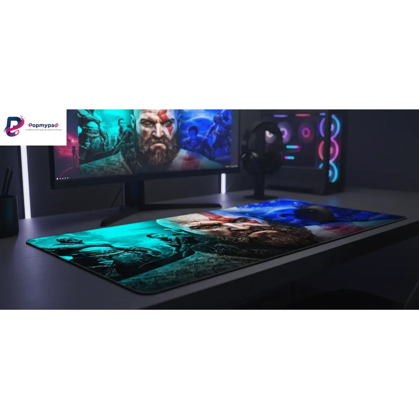 Tapis de souris Gaming God of War - Édition Kratos & Atreus - Glisse Ultime sur un bureau moderne.