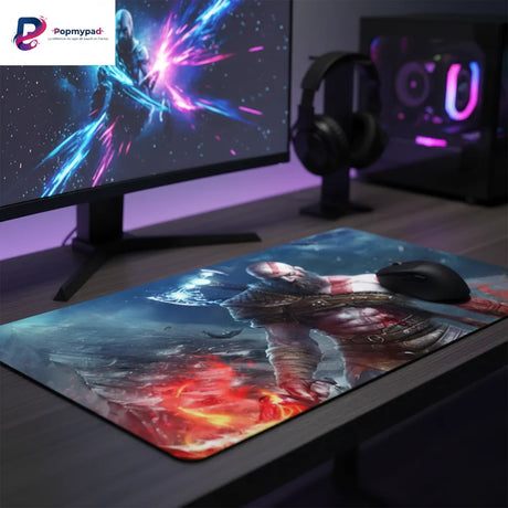 Tapis de souris Gaming God of War - Kratos Leviathan Edition - XXL sur un bureau avec un écran et un ordinateur.