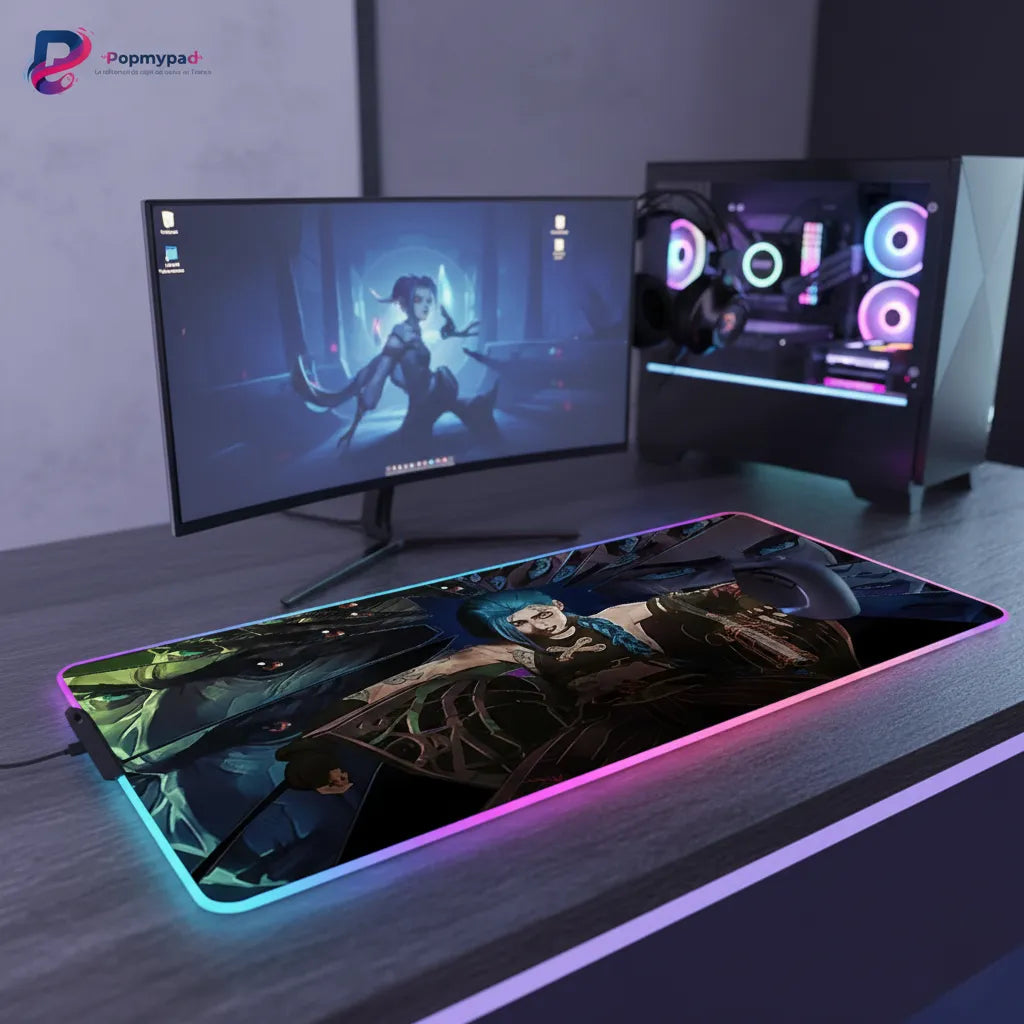 Tapis de souris Gaming League of Legends - Édition Jinx Arcane - Glisse Ultime avec éclairage RGB.