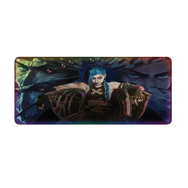 Tapis de souris Gaming League of Legends - Édition Jinx Arcane - Glisse Ultime avec illustration de Jinx et arrière-plan vibrant.