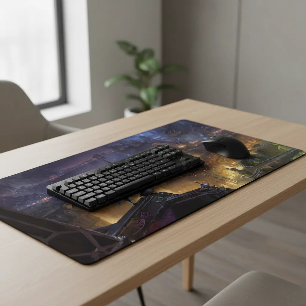Tapis de souris Gaming League of Legends - Édition Jinx & Zaun sur un bureau avec clavier et souris.