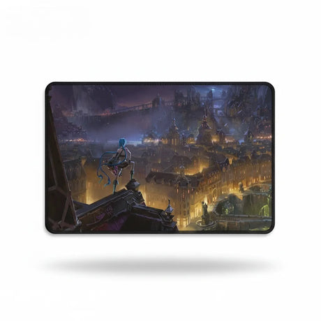 Tapis de souris Gaming League of Legends - Édition Jinx & Zaun avec Jinx sur le panorama de Zaun.