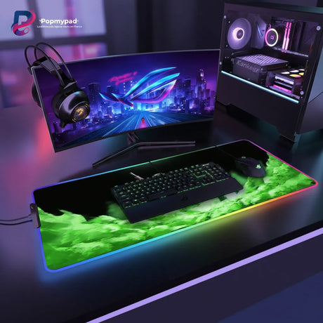 Tapis de souris Gaming RGB Valorant - Édition Viper "Toxic Pit" XXL avec ordinateur et casque gamer.