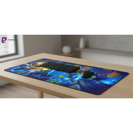 Tapis de souris Gaming Tactical HUD - L'atout Maître pour League of Legends sur un bureau avec un clavier et une souris.