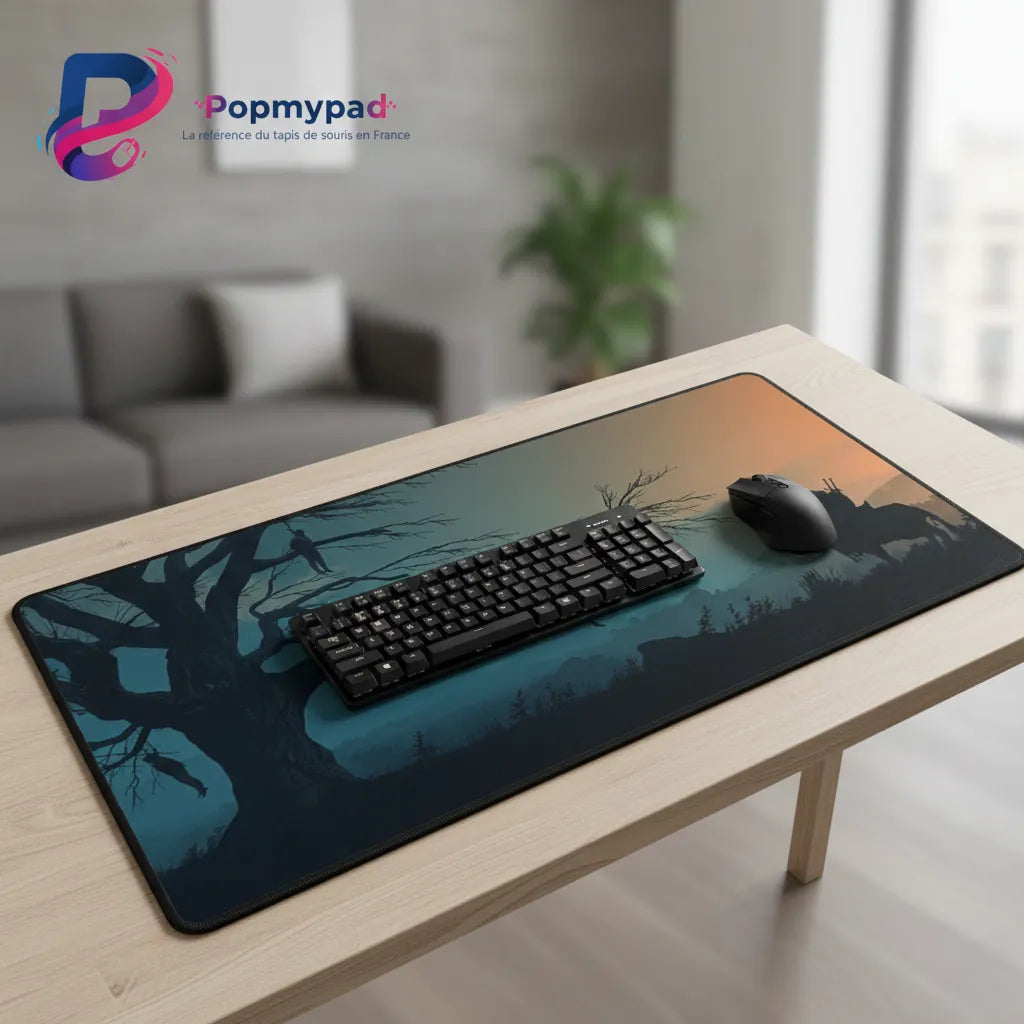 Tapis de souris Gaming XL - The Witcher : L'Arbre du Pendu avec clavier et souris sur une table moderne.