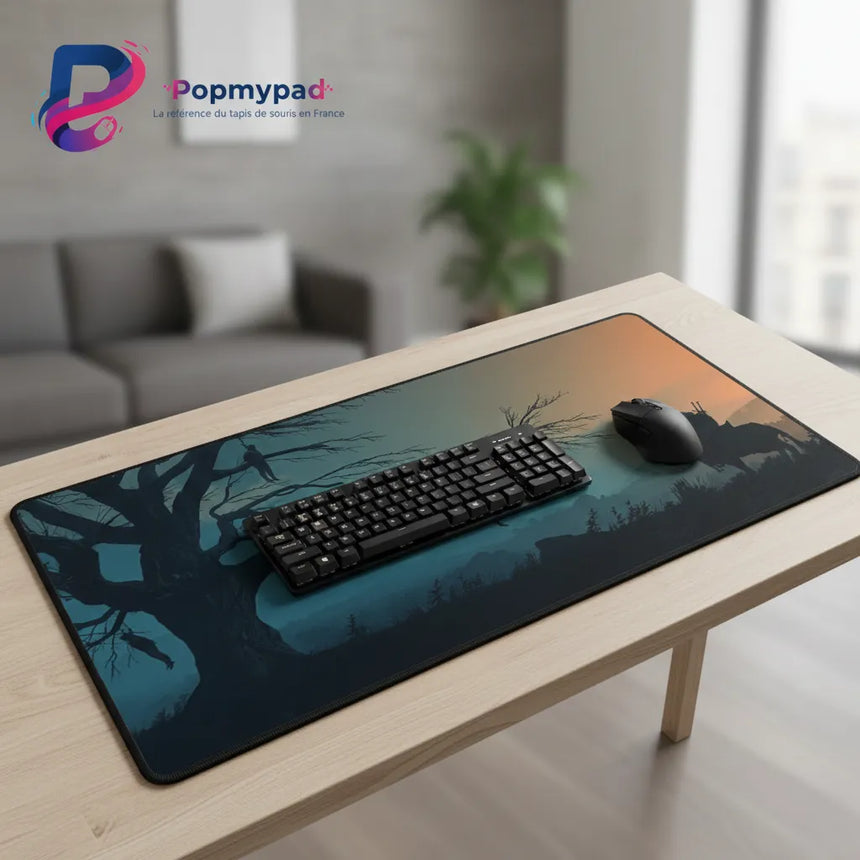 Tapis de souris Gaming XL - The Witcher : L'Arbre du Pendu avec clavier et souris sur une table moderne.