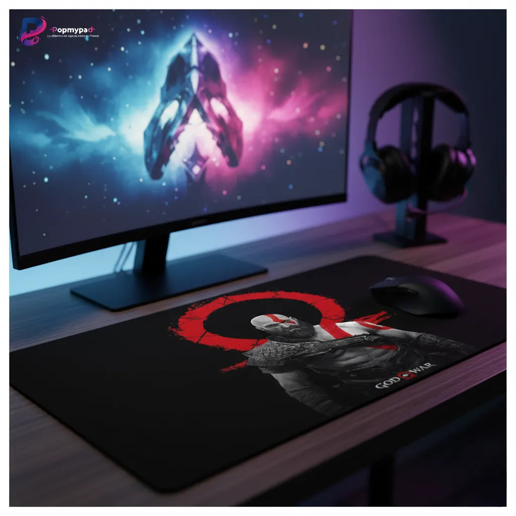 Tapis de souris God of War - Édition Kratos & Oméga  Glisse Ultime sur un bureau avec un écran et un casque.