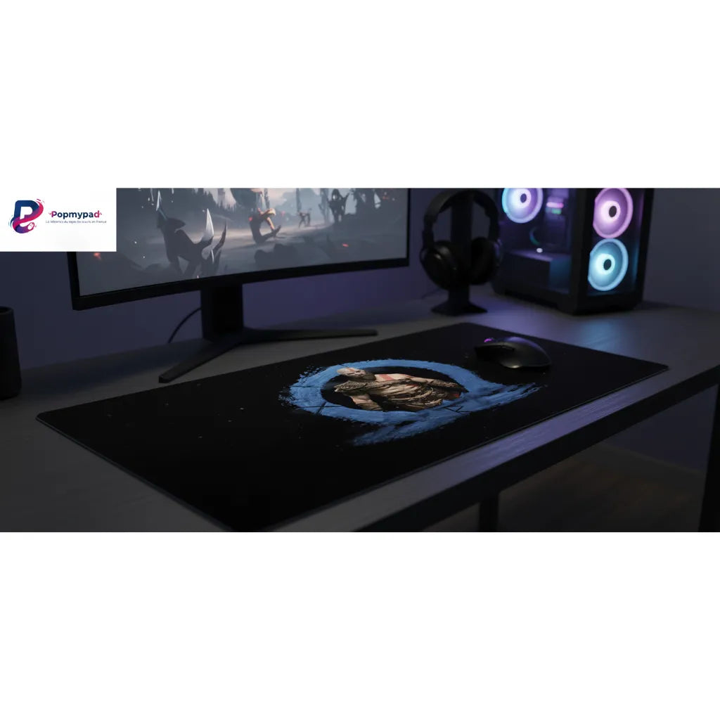 Tapis de souris God of War - Édition Kratos & Symbole Runique Bleu sur un bureau de gaming.