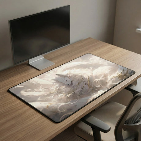 Tapis de souris Kitsune Céleste - Design Zen & Minimaliste sur un bureau en bois avec un ordinateur.
