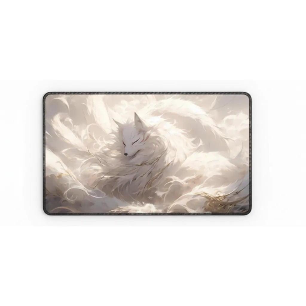 Tapis de souris Kitsune Céleste - Design Zen & Minimaliste avec illustration d'un Kitsune blanc.