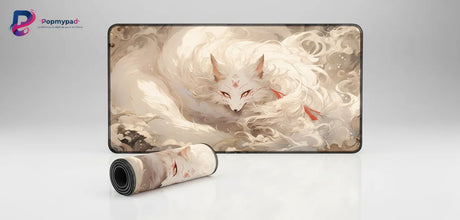Tapis de souris Kitsune Mystique - Design Zen & Minimaliste avec un renard mystique dans un environnement apaisant.