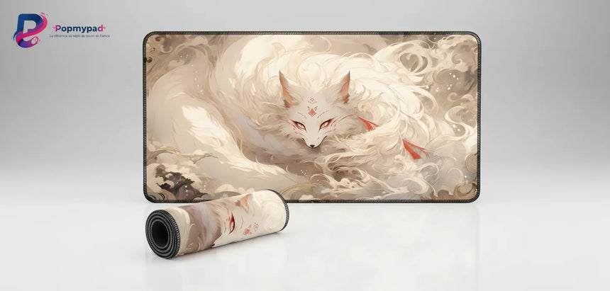 Tapis de souris Kitsune Mystique - Design Zen & Minimaliste avec un renard mystique dans un environnement apaisant.