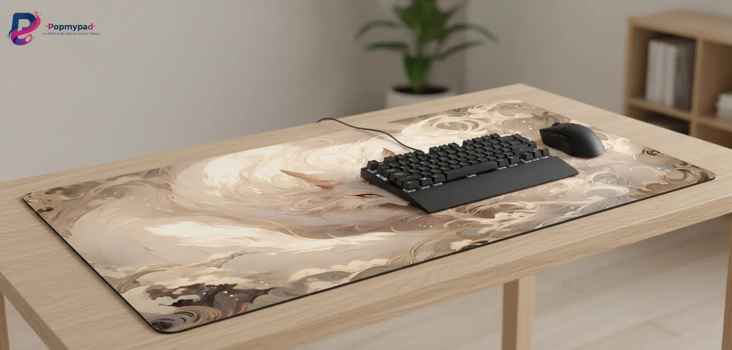 Tapis de souris Kitsune Mystique - Design Zen & Minimaliste sur un bureau moderne avec clavier et souris.